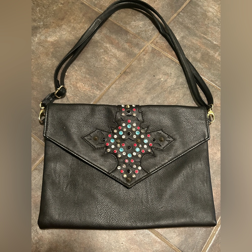 Jewel embellished satchel style faux leather bag